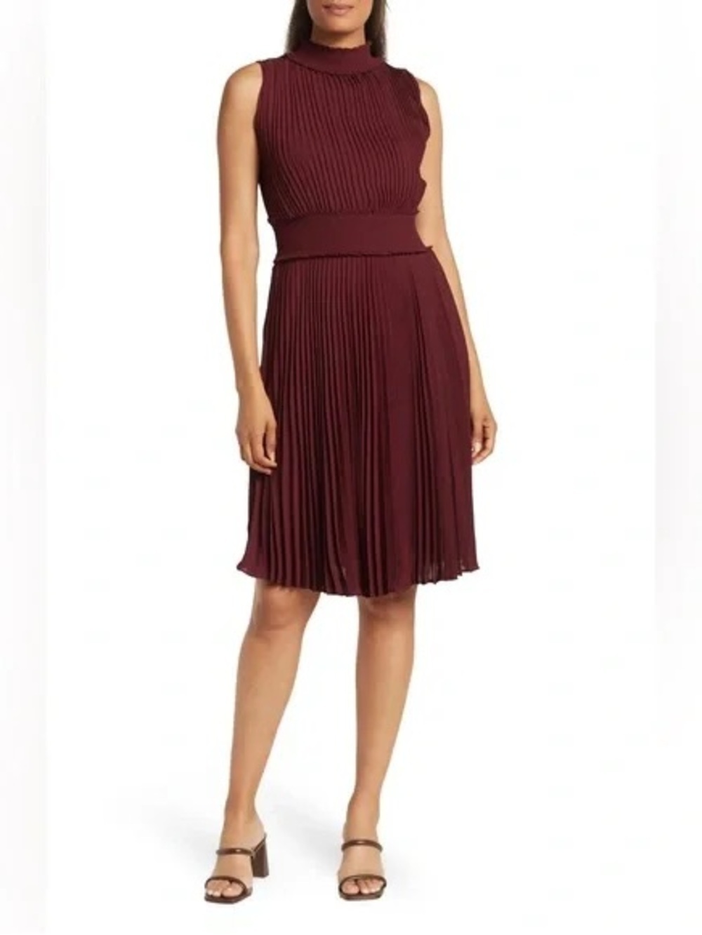 Nanette Lepore Sleeveless Mock Neck Pleated Midi Dress in Deep Burgundy Size 12